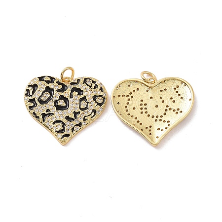 Heart with Leopard Print Pattern Brass Micro Pave Clear Cubic Zirconia Charms KK-G435-35G-1