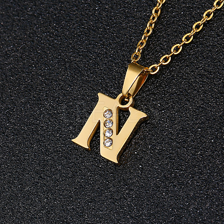 201 Stainless Steel Crystal Rhinestone Initial Pendant Necklaces FS-WG3A711-14-1