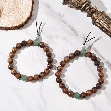 2Pcs 2 Styles Natural Wood & Green Aventurine Round Beads Stretch Bracelets for Men Women BJEW-JB12349-1