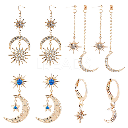 ANATTASOUL 4 Pairs 4 Style Crescent Moon & Star Rhinestone Front Back Stud & Dangle & Leverback Earrings EJEW-AN0001-62-1