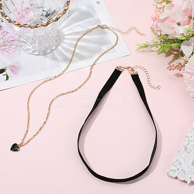 2Pcs Alloy & Black Velvet Heart Pendant Double Layer Choker Necklaces NJEW-WH20002-11C-1