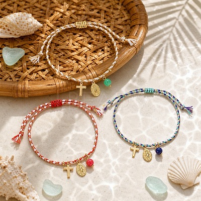 3Pcs 3 Colors Bohemian Brass Religon Cross Virgin Charm Bracelet Sets DS9557-1-1