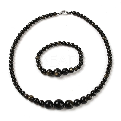 Natural Golden Sheen Obsidian Round Beads Bracelets & Necklaces Sets SJEW-L132-20-1