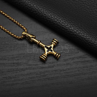 Vintage 304 Stainless Steel Viking Wolf Cross Hammer Pendant Necklaces for Men WG40DB5-02-1