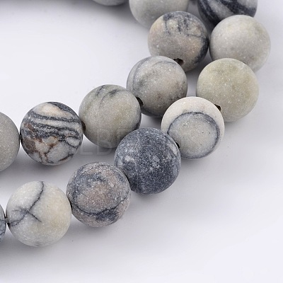 Round Frosted Natural Black Silk Stone/Netstone Bead Strands G-M248-8mm-03-1