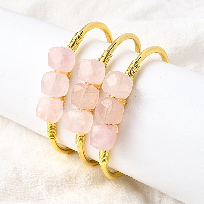 Natural Rose Quartz Beads Cuff Bangles for Women BJEW-Q035-01G-02-1