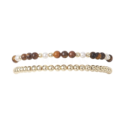 2Pcs Natural Tiger Eye & Shell Pearl & Non-magnetic Synthetic Hematite Beaded Stretch Bracelets for Women BJEW-JB12938-03-1