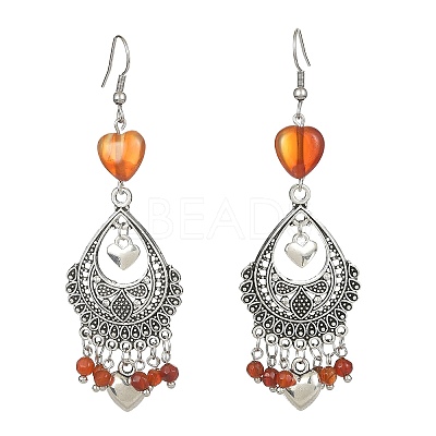 Dyed Natural Red Agate Heart Chandelier Earrings EJEW-JE05364-04-1