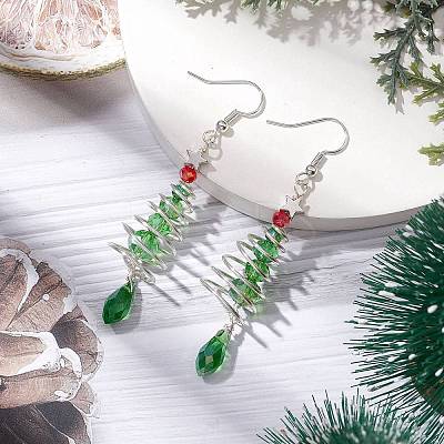 Christmas Tree with Star Brass Wired Glass Dangle Earrings EJEW-JE06126-1