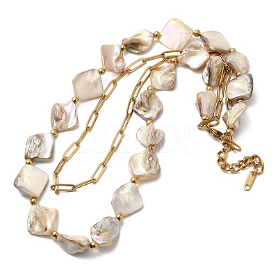 304 Stainless Steel with Dyed Floral White Natural Shell Nuggets Beaded Double Layer Necklaces for Women NJEW-G181-13G-1