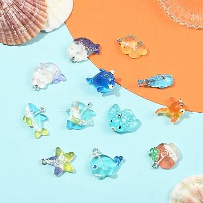 12Pcs 12 Styles Ocean Theme Transparent Resin Cartoon Pendants CRES-YW0002-75-1
