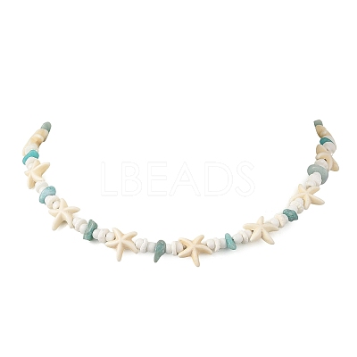 Ocean Natural Amazonite Chip & Natural White Shell Disc & Dyed Starfish Synthetic Turquoise Beaded Necklaces for Women NJEW-JN06390-1