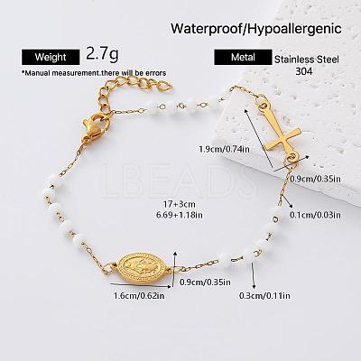 304 Stainless Steel Oval Religion Cross Link Resin Beaded Anklets for Women AH5734-2-1
