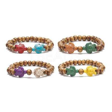 Dyed Synthetic Turquoise(Dyed) Tortoise & Natural Wood Beaded Stretch Bracelet for Women BJEW-JB09147-1