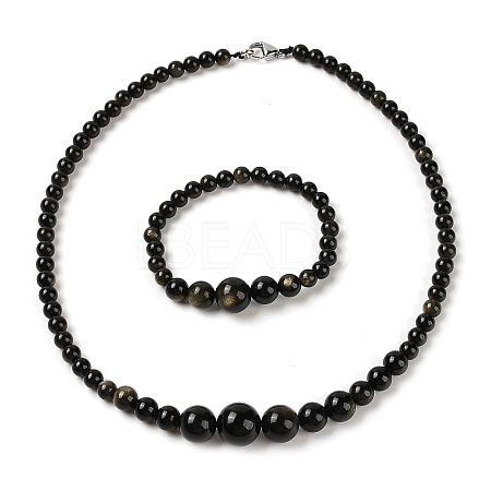 Natural Golden Sheen Obsidian Round Beads Bracelets & Necklaces Sets SJEW-L132-20-1