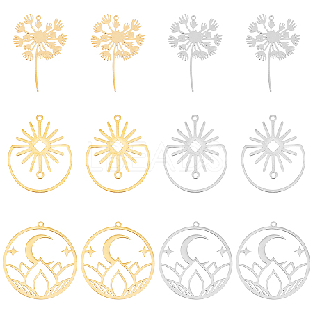 12Pcs 6 Style 201 Stainless Steel Pendants STAS-DC0014-35-1