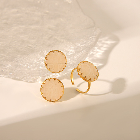 Flat Round Natural Rose Quartz Cuff Ring & Stud Earrings Sets MO9107-1-1