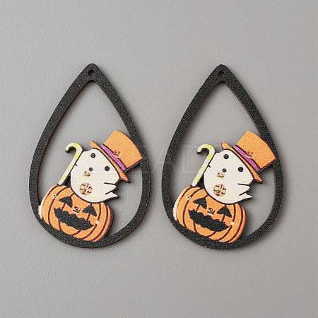 Halloween Theme Single Face Printed Aspen Wood Big Pendants WOOD-TAC0018-09F-1