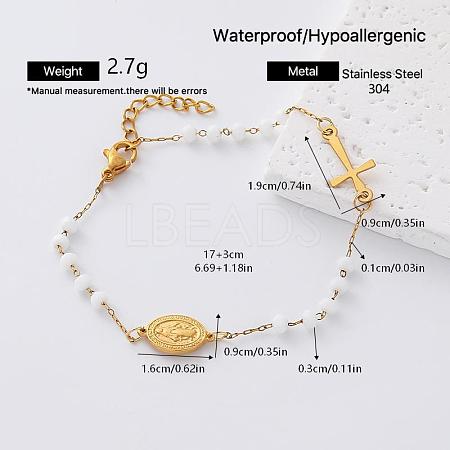 304 Stainless Steel Oval Religion Cross Link Resin Beaded Anklets for Women AH5734-2-1
