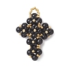 Natural Black Onyx Round Beads & Glass Seed Beaded Cross Pendants PALLOY-MZ01151-02-1