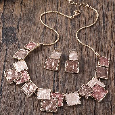 Square Zinc Alloy Enamel Pendant Necklaces & Stud Dangle Earrings Sets FS-WG2E030-01-1