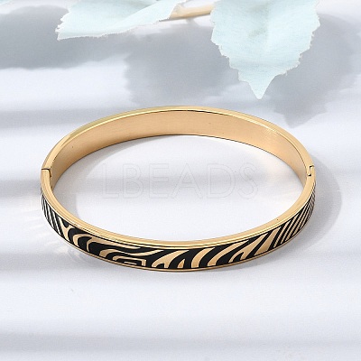 304 Stainless Steel Black Enamel Zebra Skin Print Hinged Cuff Bangles for Women SA-CBAC920-03G-1