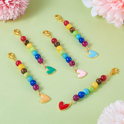 5Pcs 5 Colors Alloy Enamel Heart Pendant Decorations HJEW-TA0001-27-1