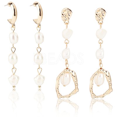 2 Pairs 2 Style Natural Pearl Beaded Dangle Stud Earrings EJEW-AN0002-66-1