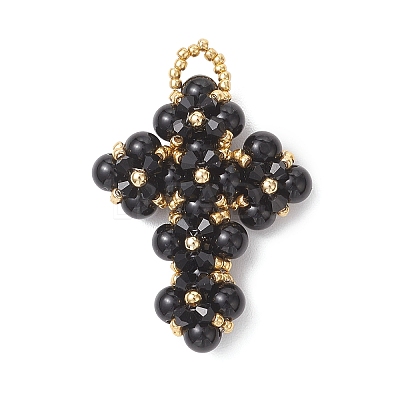 Natural Black Onyx Round Beads & Glass Seed Beaded Cross Pendants PALLOY-MZ01151-02-1