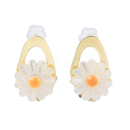 Flower Natural Shell Ear Studs with Brass and 925 Sterling Silver Pins for Summer Jewelry EJEW-P256-71G-1