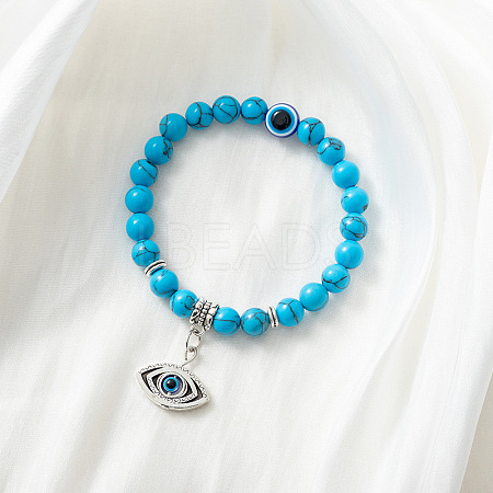 Synthetic Turquoise Stretch Bracelet with Evil Eye Charms SM1499-1-1