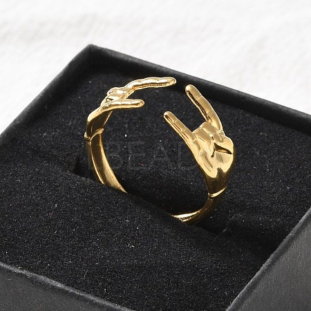 304 Stainless Steel Rock & Roll Hand Gesture Cuff Rings for Women Men RJEW-B118-02G-1