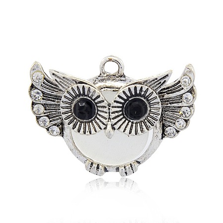 Antique Silver Tone Alloy Cat Eye Owl Pendants for Halloween PALLOY-J419-01AS-1