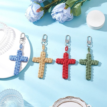 4Pcs Cross Cotton Threads Pendants Decorations HJEW-TA00398-1
