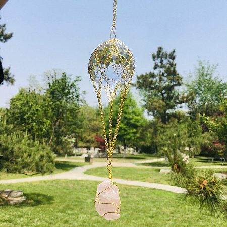 Hot Air Balloon K9 Ball Pendant Decoration with Natural Rose Quartz Wind Chime PW-WG30079-01-1