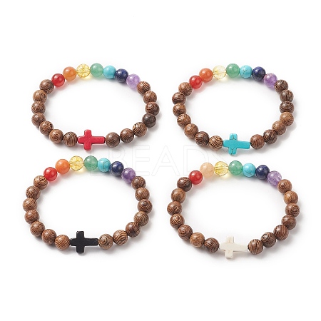 Gemstone & Natural Wood Beaded Stretch Bracelet for Women BJEW-JB09294-1