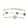 304 Stainless Steel Heart & Dyed Natural Green Agate Nuggets Link Chain 3 Layer Stackable Necklaces BJEW-JB12459-01-2