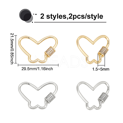 4Pcs 2 Colors Butterfly Brass Micro Pave Clear Cubic Zirconia Screw Carabiner Lock Charms KK-WR0001-05-1