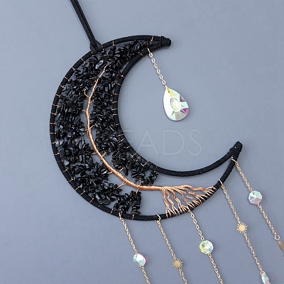 Copper Wire Wrapped Natural Obsidian Moon Hanging Ornaments PW-WG39344-01-1