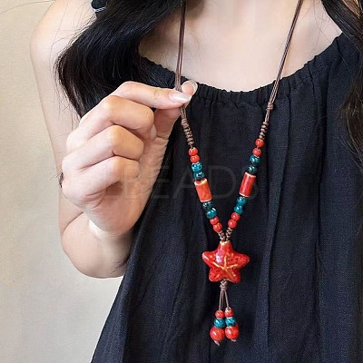 Bohemian Handmade Porcelain Star Pendant Adjustable Imitation Leather Cord Long Necklaces for Women WG246F5-02-1