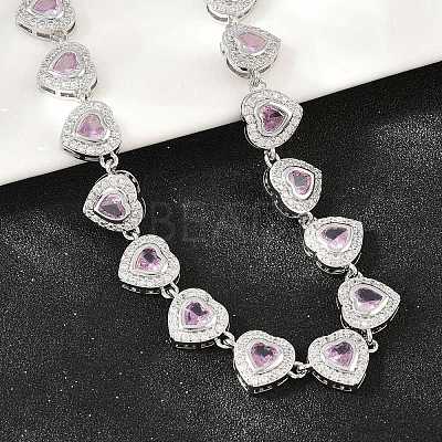 Brass Pave Pink Cubic Zirconia Heart Tennis Necklaces KK-CBA4547-17B-P-1