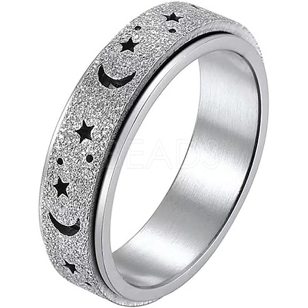 Non-Tarnish 201 Stainless Steel Moon and Star Rotatable Finger Ring MOST-PW0001-005B-05-1
