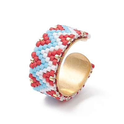 Glass Seed Beaded Wave Open Cuff Rings RJEW-MZ00008-1