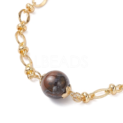 3Pcs Natural Rose Quartz & Tiger Eye & Lapis Lazuli & Brass Link Chain Bracelet Sets BJEW-JB12646-1