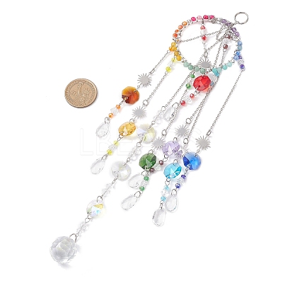 Glass & Stainless Steel Round & Teardrop & Octagonal Beads Hanging Suncatchers HJEW-JM04536-1