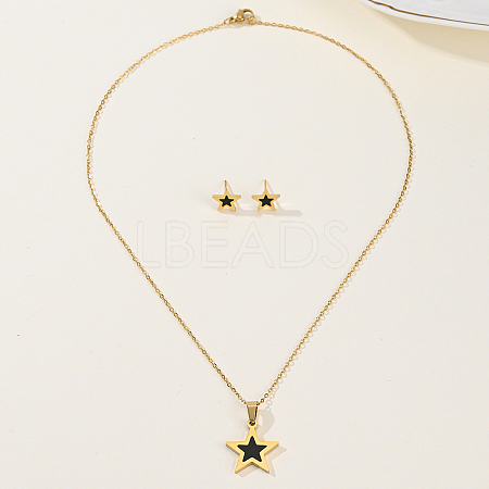 Casual Fashion Stainless Steel Star Stud Earrings & Necklaces Set for Women RI4338-1