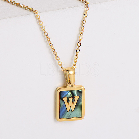 304 Stainless Steel Pave Natural Paua Shell Rectangle Initial Pendant Necklaces for Women FS-WG38E89-23-1