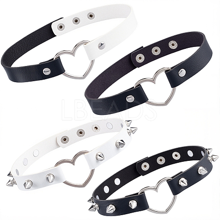 4Pcs 4 Styles Adjustable Gothic PU Leather Alloy Heart Spike Rivet Choker Necklaces for Women NJEW-CL0001-18-1