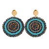 Woven Glass Beaded Flat Round Dangle Stud Earrings EJEW-A105-13G-1