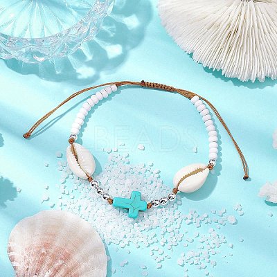 Corss Synthetic Turquoise & Natural Cowrie Shell Braided Bead Bracelets BJEW-JB10357-02-1